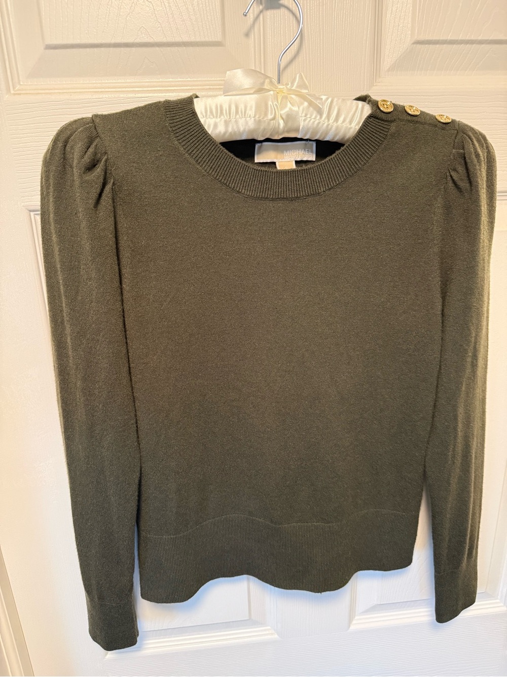 Michael Kors Olive Green Gold Button-Shoulder Puff Sleeve Knit Sweater